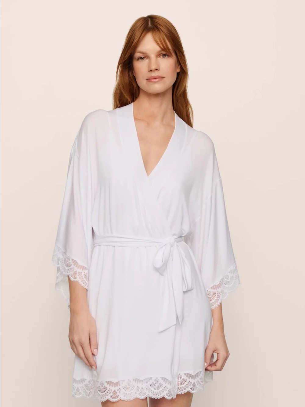 NWT Eberjey Mariana TENCEL Modal Robe White Lace-Trim - Bridal - XS